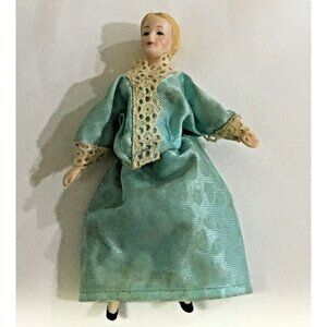 Vintage Porcelain Dollhouse Doll Victorian Green Dress 5 1/2 “